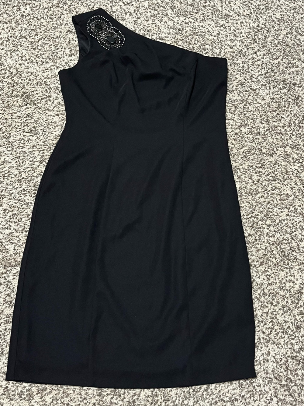 NWOT) S.L. Fashions Black One-Shoulder Sheath Dress with Embellished Neck Size 8